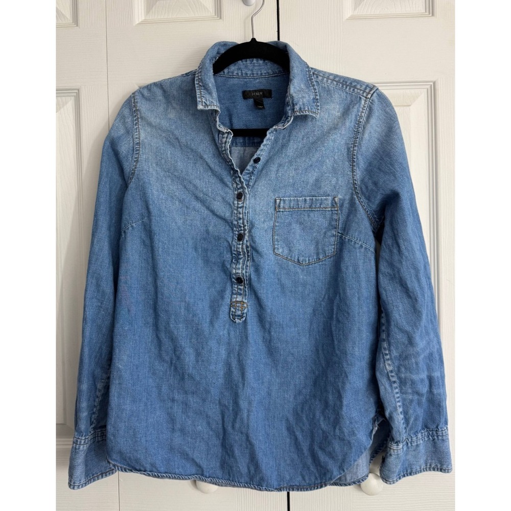 J.Crew Half Button Down Denim Shirt Women's 12 Blue Long Sleeve Collared Outdoor